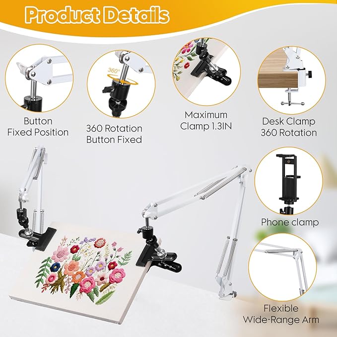2 sets adjustable embroidery hoops stand for hand work,white cross stitch frame with 360° rotation,needlework frame, embroidery stand suitable for embroidery kit,hoop/tablet/phone holder desk stand