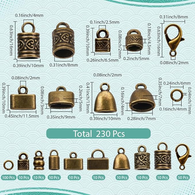 SUNNYCLUE 1 Box 230pcs Cord End Caps Kit Kumihimo Ends Alloy Metal Tibetan Style Antique Bronze Tassel Glue in Crimp Leather End Caps for Jewelry Making Kit Bracelet Kumihimo Supplies Gifts Craftings
