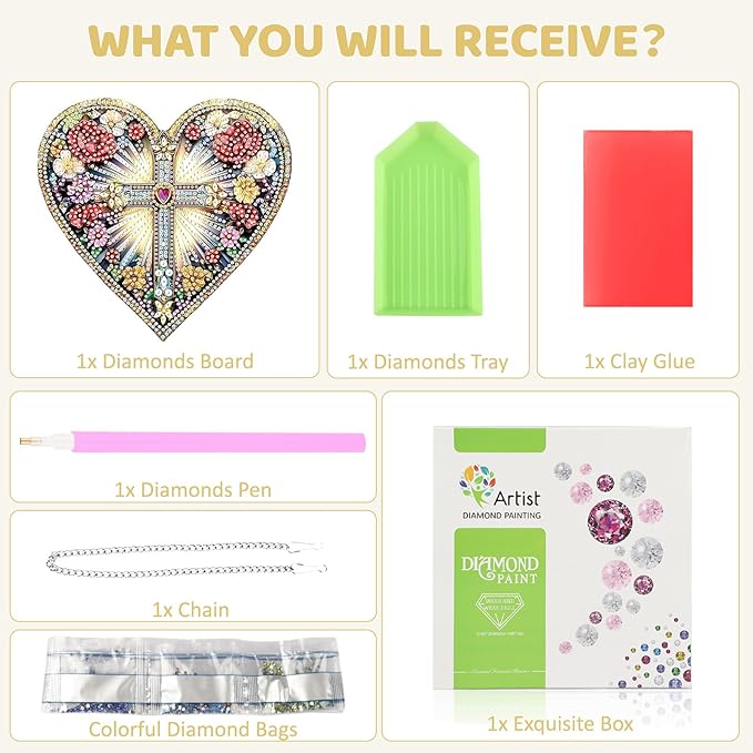 MEIYUDA Cross Diamond Painting Pendant Kits, DIY Heart Cross Special Shaped Diamond Art Hanging Kits for Adults, 5D Crystal Diamonds Painting Acrylic Pendant Ornamen for Home Decoration