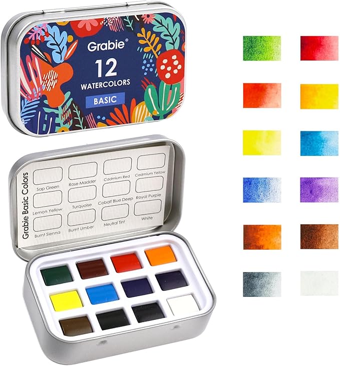 Grabie Pocket Watercolor Set of 12, Travel Watercolor Paint Set, Watercolor Paints, Art Supplies for Painting, Great Watercolor Set for Artists, Amateur Hobbyists and Painting (Essential Color)
