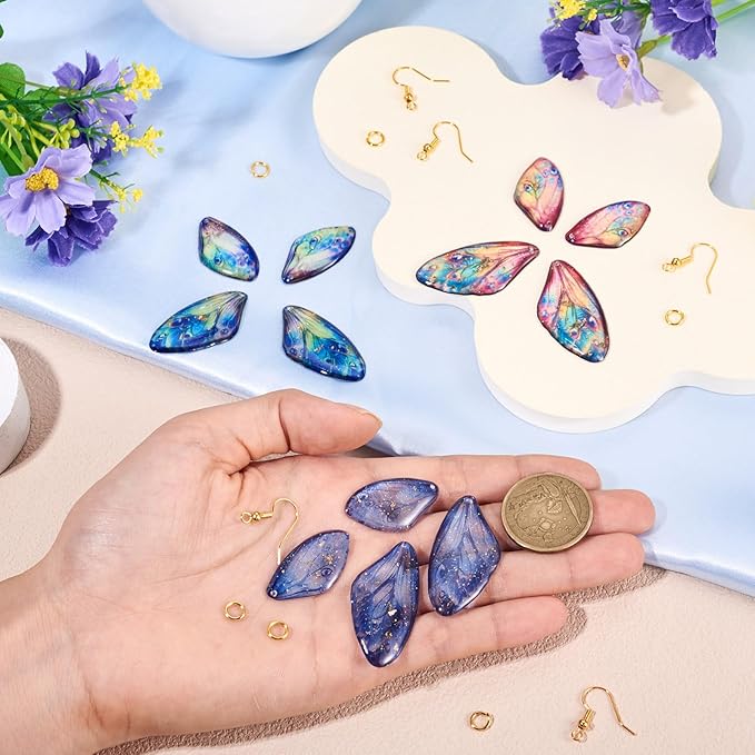 FASHEWELRY 12Pcs Resin Butterfly Wing Charms for Jewelry Making, Pastel Glitter Colorful Insects Wing Pendant Earrings Making Kit Earring Hook Jump Rings