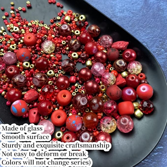 Assorted Glass Resin Beads Multi Size Colors Smooth Cracked Gravel Millet Spacer Beads for Bracelets Necklace Earring DIY Jewelry Making Craft(Red Series)