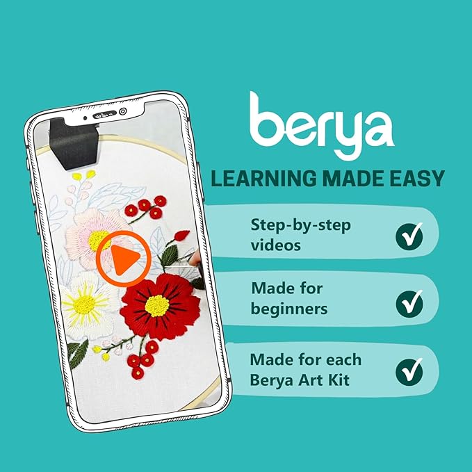 BERYA Embroidery Kit for Beginners, Flowers and Leaves Embroidery Practice Kit, Hand Floral Embroidery Starter Kit for Adults with Video Step by Step Instructions, Hoops, Threads and Needles (BEF011)