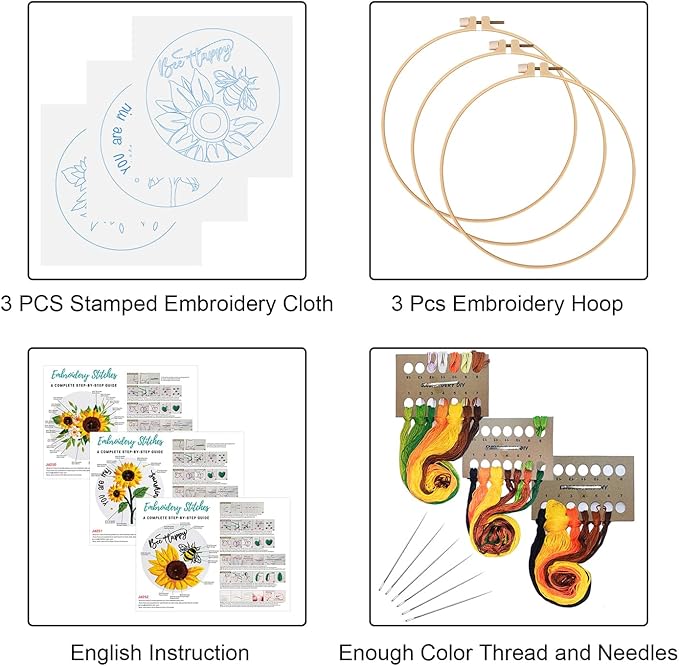 Louise Maelys 3 Sets Sunflowers Embroidery Kit for Beginners,Cross Stitch Kits for Adults with Summer Flowers Bee Stamped Pattern,Starters Needlepoint with Embroidery Instruction