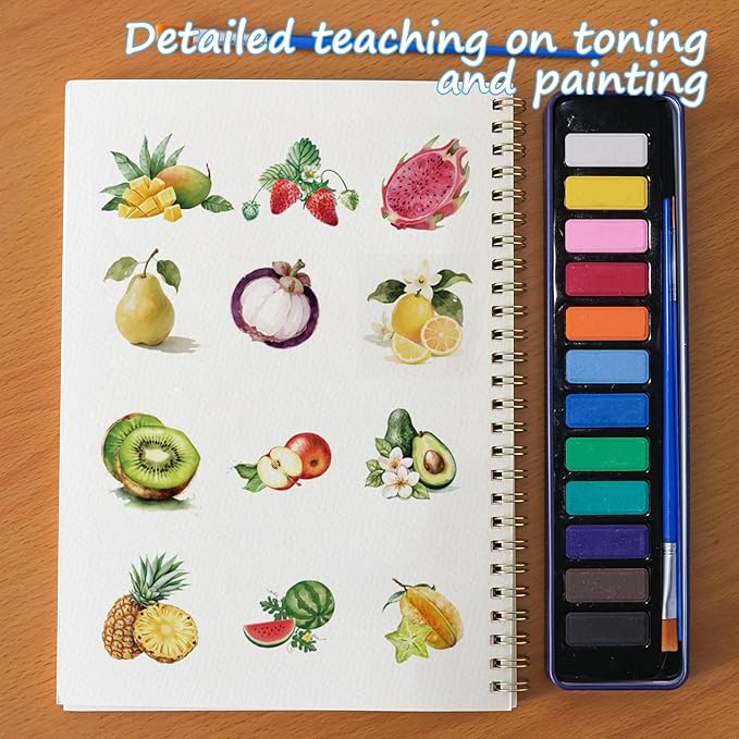 Watercolor Workbook, Water Coloring Book, 12 Different Patterns of Original DIY Designs, 12 Colors Watercolor Paint Set with Palette and Brush, Beginner-Friendly Watercolor Workbooks（Fruits）