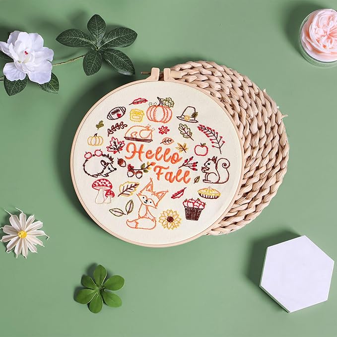 Louise Maelys Fall Embroidery Kits for Beginners,Cross Stitch kit for Adults,DIY Needlepoint for Starters,Including Cloth with Autumn Pattern,Hoop,Instruction and Threads