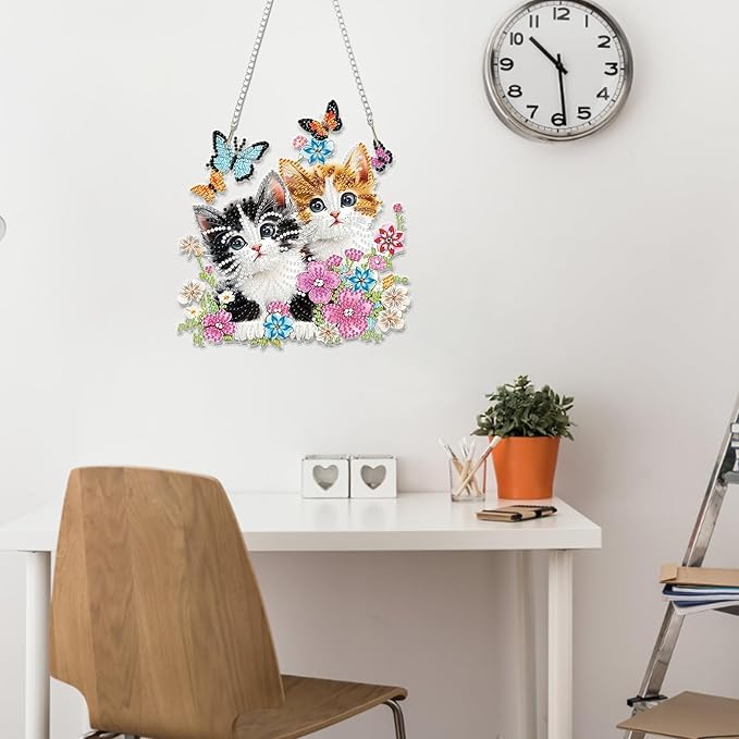 Miwixy Cats Hanging Diamond Art,Black Orange Cats Butterfly Special Shaped Crystal Christmas Diamond Painting Ornament Kit DIY Double-Sided Pattern Window Pendant Gem Art Kit for Home Wall Decor