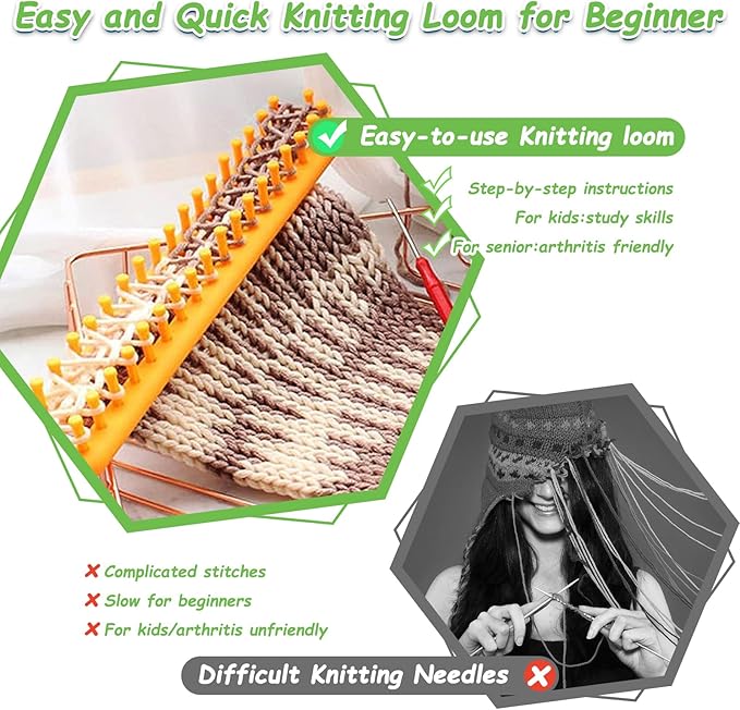 Katech 3 pcs Rectangle Knitting Looms Kit Sparse Pegs Loom Knitter Different Sizes Colorful Plastic Weaving Looms Set DIY Yarn Weaving Kits with a Crochet Hook and Needle (Color is Random)