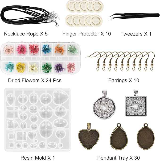 HOMEIDOL Resin Jewelry Molds Pendant Trays Making Kit with 30Pcs 5 Styles Metal Pendant, 1Pc Silicone Epoxy Molds, Earring Posts, Dried Flowers,Wax Rope Necklace, Finger Protector and Tweezers