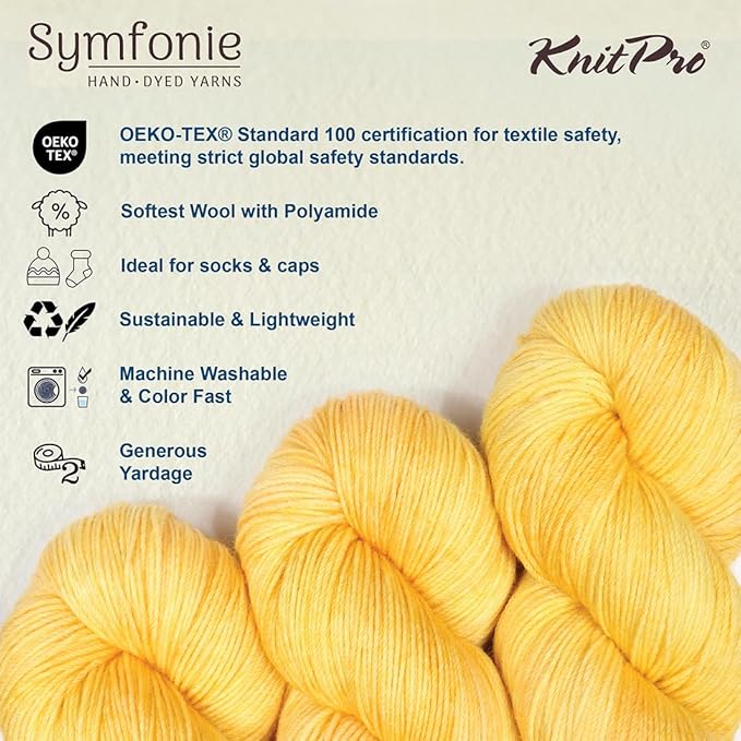 KnitPro Symfonie Fingering Weight Hand Dyed Semi-Solid Yarn Skein | Extra Fine Merino Wool & Polyamide Blend for Knitting & Crocheting, Oeko-TEX Certified 400m, 100g | Terra Sunshine