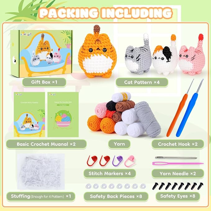 Crochet Kit for Beginners-4PCS Cat Crochet Kits for Adults, Teacher Appreciation Gifts, Crochet Starter Kit with Step-by-Step Video Tutorials, Crochet Animals Kits DIY Craft Kit Learn to Crochet Kits