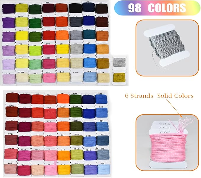 Embroidery Floss Thread Kit 100％ Cotton Floss Bobbins and Cross Stitch Kit Bracelets Floss Crafts Floss (96 Color)