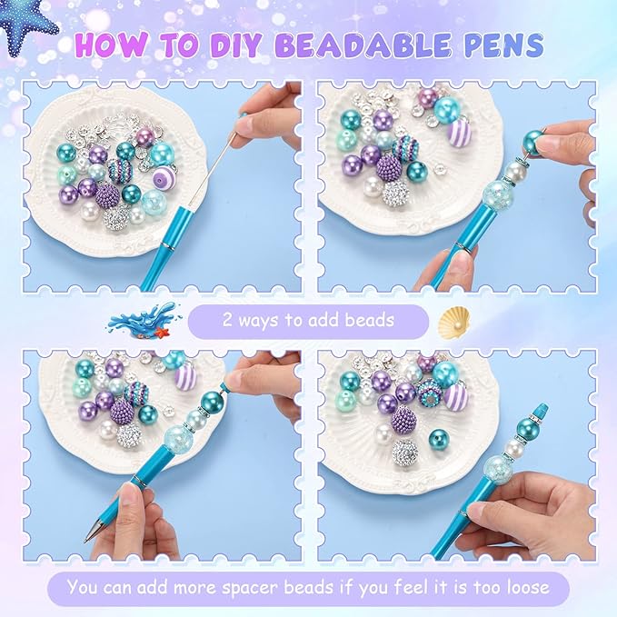 Geyee 15 Pcs Plastic Beadable Pens Assorted Bead Pens Multicolor Bubblegum Crystal Spacer Beads, Black Ink Ballpoint DIY Set, Back to School Gift for Student Summer Ocean Party Gifts(Ocean Color)