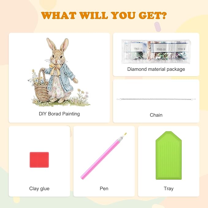 HEIBAGO Easter Bunny Diamond Art Hanging Kits for Adults, Diamond Art Suncatchers Rabbit, 5D Special Shape Diamond Painting Pendant, DIY Window Ornament Gifts for Home Garden Door Wall Decor 8.3x8.3In