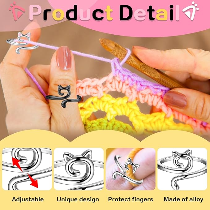 4PCS Adorable Crochet Rings with 7PCS Cat Stitch Markers and 20PCS Stitch Needle Clip Counter,Adjustable Tension Rings for Finger Accessories and Gadgets,Ideal Yarn Guide Ring Knitting Tools for Women