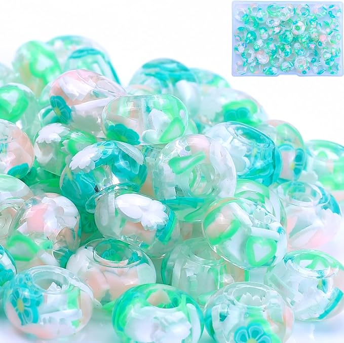 AIPRIDY Girls' Lucky Beads Lover Amber Beads, Big Hole Spacer Beads European Craft Beads for DIY Charms Bracelet Jewelry Making (Green and White)