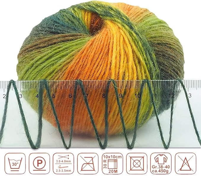 NICEEC 3 Skeins 100% Wool Rainbow Yarn Soft Gradient, Self-Striping, Colorful Single Ply Yarn for Crochet & Knitting - 4#