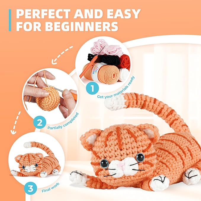 MOREJMTT Crochet kit for Beginners Adults, Learn to Crochet, Include Easy Knitting Soft Yarn, Step-by-Step Video Tutorial, Hook, Holiday Birthday Gift (Orange cat)
