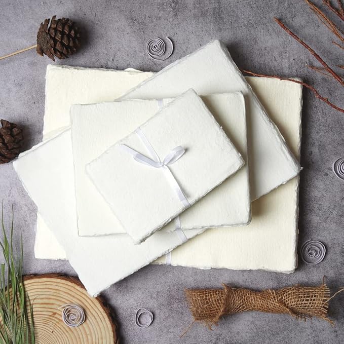 50 Sheets - Rough/Textured Watercolor Paper - 6 X 4 inches(150GSM) - Handmade/Deckle Edge Paper Made from Virgin Egyptian Cotton - Off-White by Leather Village