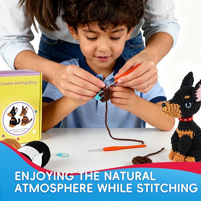 LUDOTEK Crochet Kit for Beginners, Crochet Animal Kits,Crocheting Kit for Starters with Step-by-Step Video Tutorials, Beginner Crochet Kits for Adults(2 Pack Doberman)