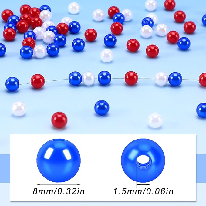 UPINS 1200Pcs Red White Blue Beads,8mm 4th of July Beads Independence Day Patriotic Pearl Beads for Jewelry Making Party Decoration Necklace Bracelets Earrings Hair Beads DIY Crafts Supplies