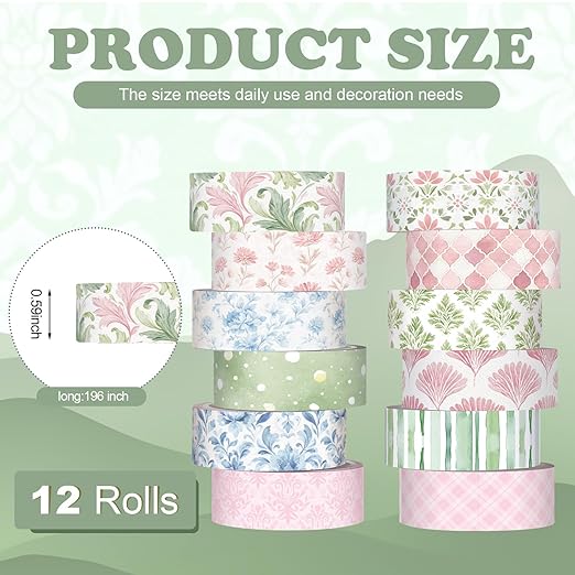 12 Rolls Watercolor Floral Washi Tape Set 15 mm Vintage Flower Decorative Masking Tape for Spring Arts DIY Craft Scrapbook Journal Supplies Gift Wrapping(Pink,Blue and Green,Garden)