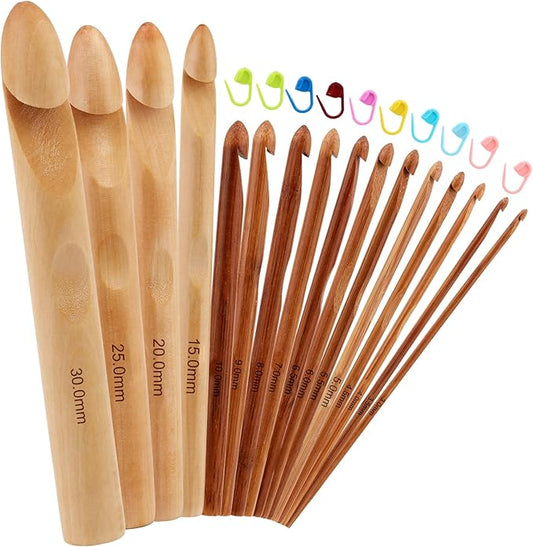 16 Pieces Wooden Crochet Hooks, 3 to 30 mm in Diameters Handle Crochet Hook Knitting Crochet Needles with 10 pcs Knitting Stitch Markers for Handcraft Crocheting