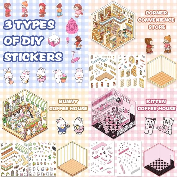 qianshan Scrapbooking Supplies Kit,DIY 3D Stickers Scene,3 Set Funny DIY Sticker Scenes,Make Your Own Cute 3D Miniature Room Scene Stickers for Adults Relief Stress Pass The Time.8-9-10