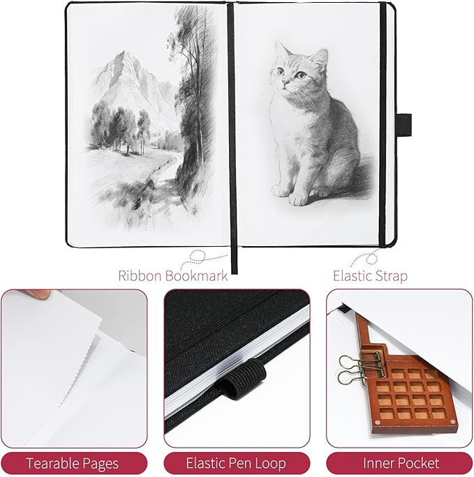 Vienrose 8.7"x5.7" Sketch Books, Linen Cover Hardbound Sketching Book with Acid-Free Paper, Drawing Pad for Kids, Beginners & Professionals, Art Supplies for Adults & Students(Black, 60 Sheets)