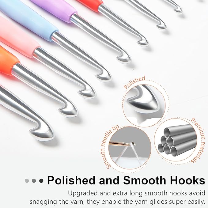 NaoShiro Crochet Hooks Set, 14 Size (2mm-10mm) Ergonomic Crochet Needle with Storage Case, Crochet Hooks for Arthritic Hands, Extra Long  Knitting Needles (Blue)