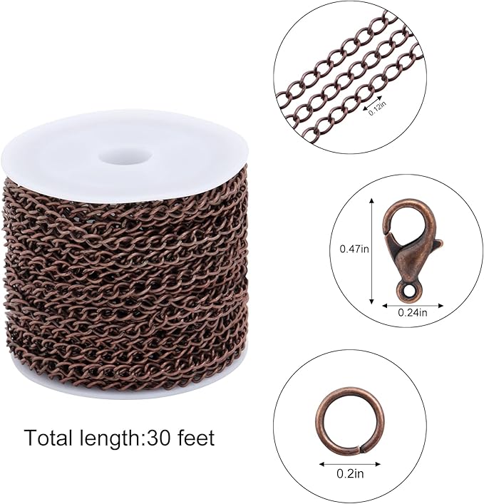 Lemonkey 33 Feet Metal Red Copper Necklace Chains Curb Links Chains Bulk for Jewelry Making DIY Craft Kit with Lobster Clasps Jump Rings