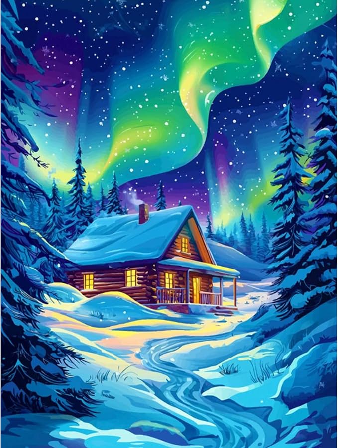 Camocin Diamond Art Kits for Adults Aurora, 5D Starry Landscape Diamond Painting Kits for Adults Beginners, DIY Cabin Full Round Dots Drill Gem Art Kit for Gift Home Wall Decor 12 x 16 Inch