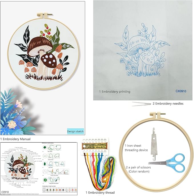 Zhenqing Woodland Mushroom Embroidery Kit for Beginners - 29x29cm Printed Fabric with Hoop & Full Tools(S-CX0910)