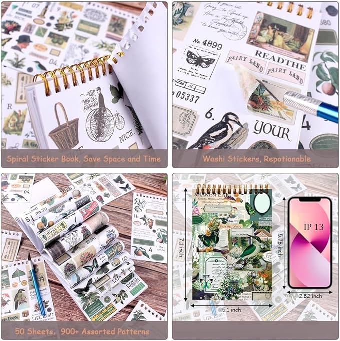 Vintage Washi Sticker Book for Journaling - 900+ Mini Scrapbooking Stickers, Ephemera for Junk Journal Bujo Scrapbook Supplies DIY Crafts Arts 50 Sheets (Green)