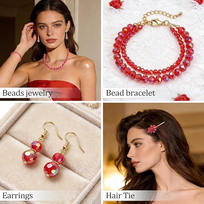Song Xi 1250PCS 5 Different Size Red Crystal Beads for Jewelry Making, Rondelle Glass Beads for Bracelets Necklace, Earring and Making Supplies, Arts and Crafts, AB Color (3/4/6/8/10mm)
