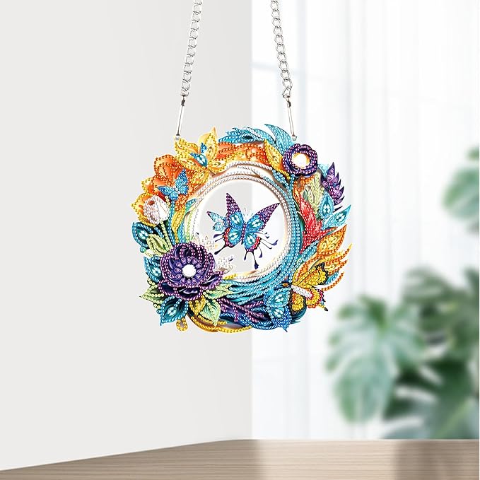 Flower Birdcage Design DIY Diamond Art Painting Wreath Kits Special Shaped Rhinestone Diamond Art Window Pendants Home Garden Wall Hanging Kits (Single Side Point Drill) (#11-Cat) (#14-Butterfly)