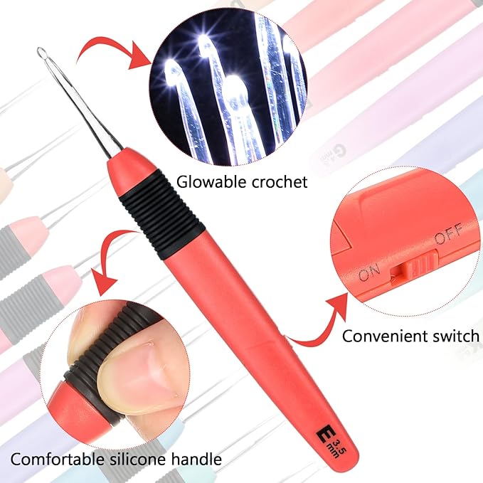 Chuangdi 9 Pieces Lighted Crochet Hooks with Case 9 Size LED Light Crochet Hooks Set Knitting Needles Craft Yarn Weaving Needles Comfortable Smooth Handle for Knitting, 2.5 mm-6.5 mm(Colorful)