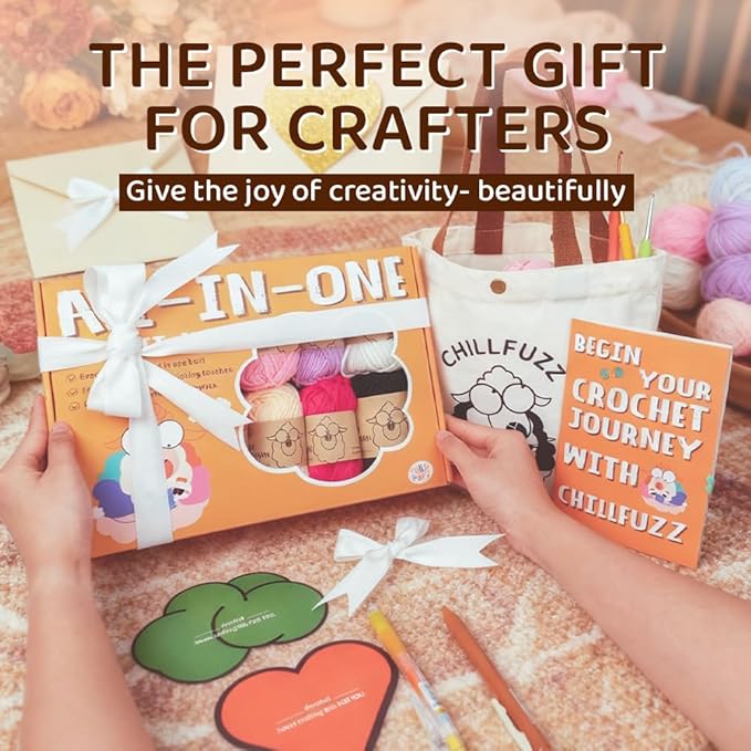 ChillFuzz Crochet Kit for Beginners 85 Piece Complete Crochet Set with Yarn, Hooks, Pattern Book – Beginner Crochet Kit for Adults & Kids with Tutorials, Great Christmas Gift for Craft Lovers Yellow