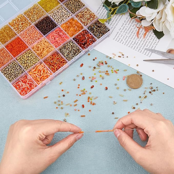 DICOSMETIC 21455Pcs Orange Glass Seed Beads Tube Beads Bugle Bead Bracelet Kit Tiny Bead Kit for Adult DIY Bracelet Necklace Jewelry Making About 8/0, Hole: 0.5-1.2mm