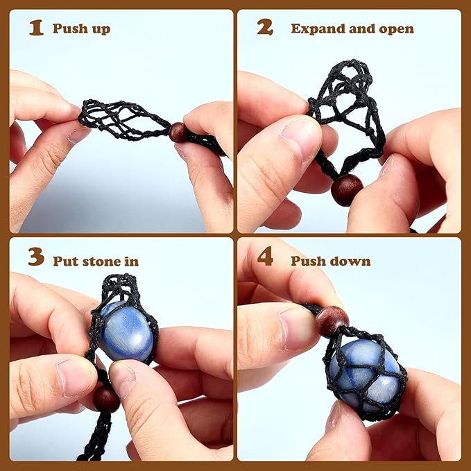 Hicarer 6 Pieces D20 Necklace Cord Empty Stone Holder Empty Necklace Holder Quartz Crystal Stone Cord, 3 Sizes Adjustable Cage Fish Netted for DIY Jewelry Making(Black)