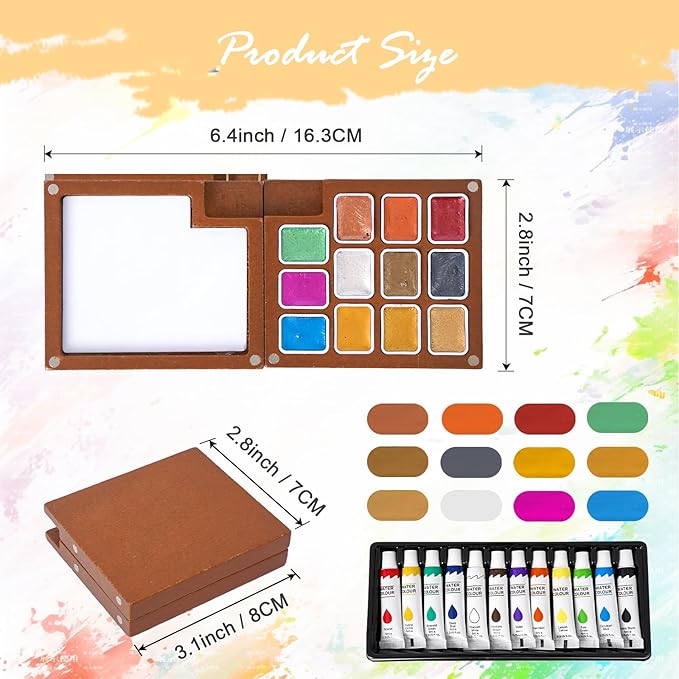 Mini Watercolor Travel Set – 24-Color Watercolor Paint Kit with 12 Special & 12 Standard Pigments, 12-Well Removable Wooden Palette, 5 Brushes & 2 Sketchbooks – Portable Art Kit for Beginners, Students & Artists