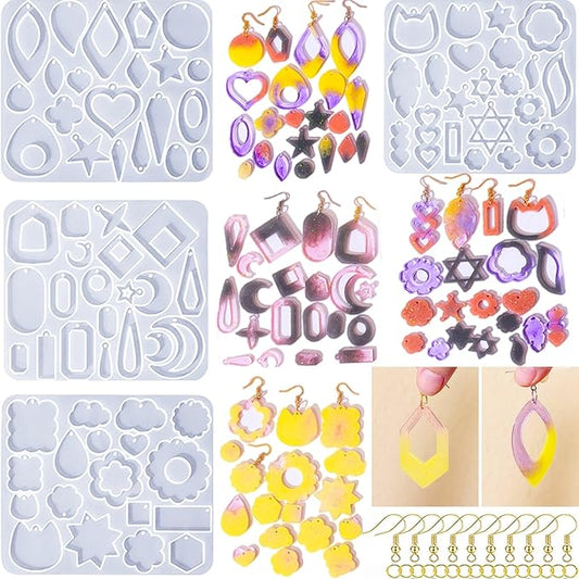 104Pcs Geometric Resin Earring Molds Kit, Flower Shaped Earrings Silicone Mold for Epoxy Resin Dangle Drop Jewelry Molds Making Kit with 100 Earring Hook for Earrings Necklace Pendants (Irregular)