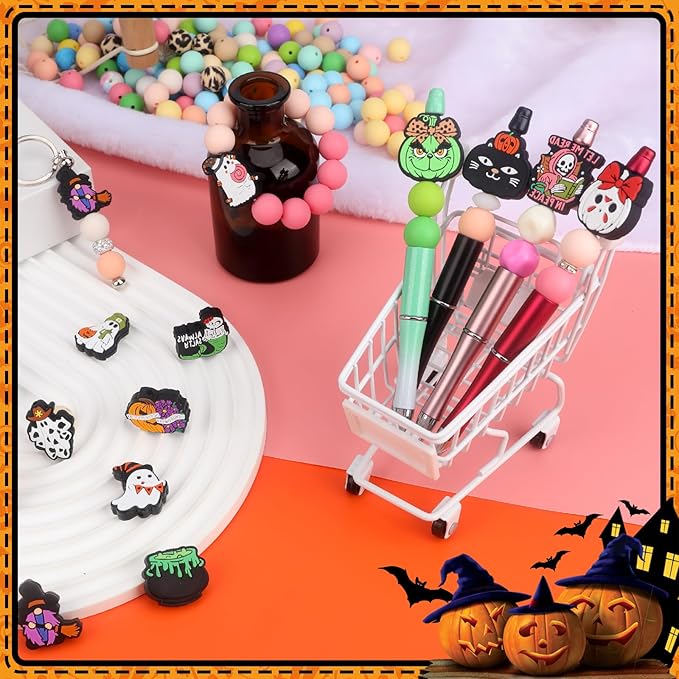 12pcs Halloween Silicone Focal Beads, Focal Beads for Pens，Keychain Making, Bracelet, Necklace Crafts, Bulk for DIY（Halloween）