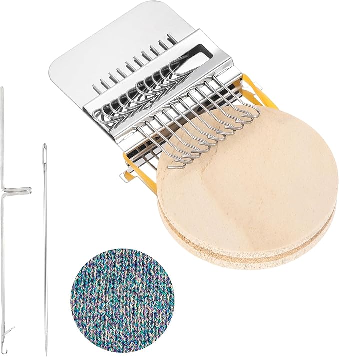 MECCANIXITY Mini Darning Loom, 10 Hooks Wood Weaving Knitting Machine with Knitting Needles for Repair Jeans Socks DIY Craft, Knit Patch Loom Weave Tool, Silver