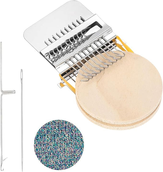 MECCANIXITY Mini Darning Loom, 10 Hooks Wood Weaving Knitting Machine with Knitting Needles for Repair Jeans Socks DIY Craft, Knit Patch Loom Weave Tool, Silver