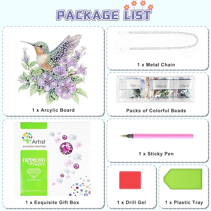 KEYIFA Hummingbird Diamond Painting Kit, DIY Flower Diamond Art for Adults, Diamonds Painting Pendant Special Shaped Rhinestone Window Hanging Ornaments Home Garden Wall Door Decoration, 20cm Width
