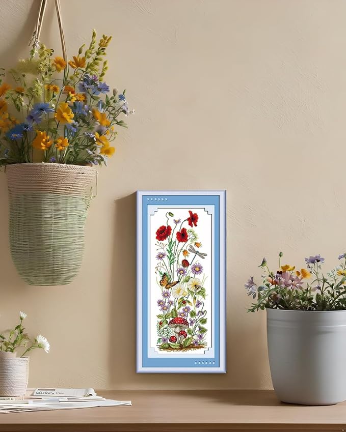 CaptainCrafts Cross Stitch Kits for Adults Counted Cross Stitch Unprinted Fabric Cross Stitching DIY Art DMC Needlecrafts Embroidery Kit for Adults (White, Spring, Butterfly Flowers Dragonfly)