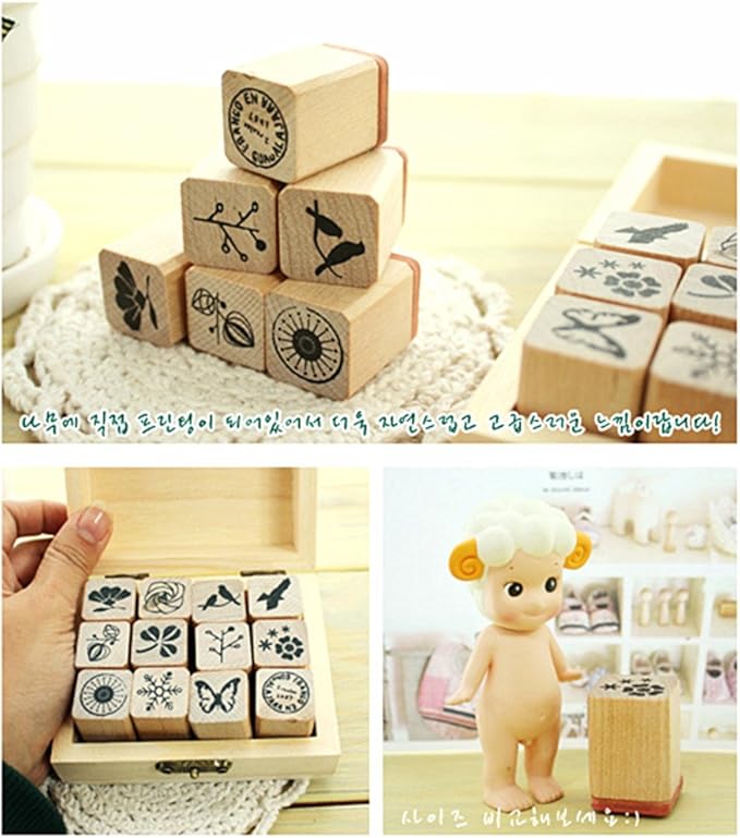 Diary Stamp Set,Wooden Rubber Signet for Children DIY Scrapbooking Planner Album Card Making(12pcs,Natural Elements)