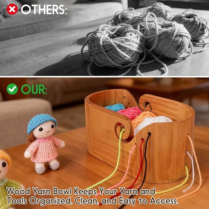 Large Wood Yarn Bowl with Lid, Crochet Yarn Holder with 7pcs Knitting Hooks, No-Tangle Design, Yarn Storage Crochet Bowl Knitting at Home, Café, Park, Craft Gatherings Rectangle