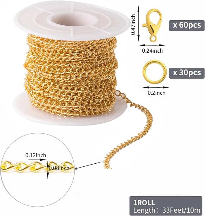 Lemonkey 33 Feet Metal Gold Necklace Chains Curb Links Chains Bulk for Jewelry Making DIY Craft Kit with Lobster Clasps Jump Rings